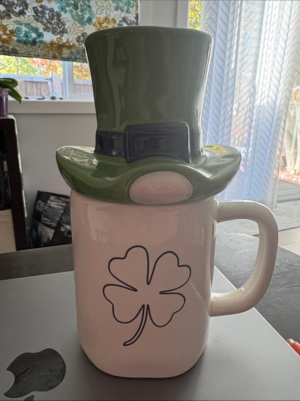 Rae Dunn White Mug with Green Top Hat Lid and Clover Design
